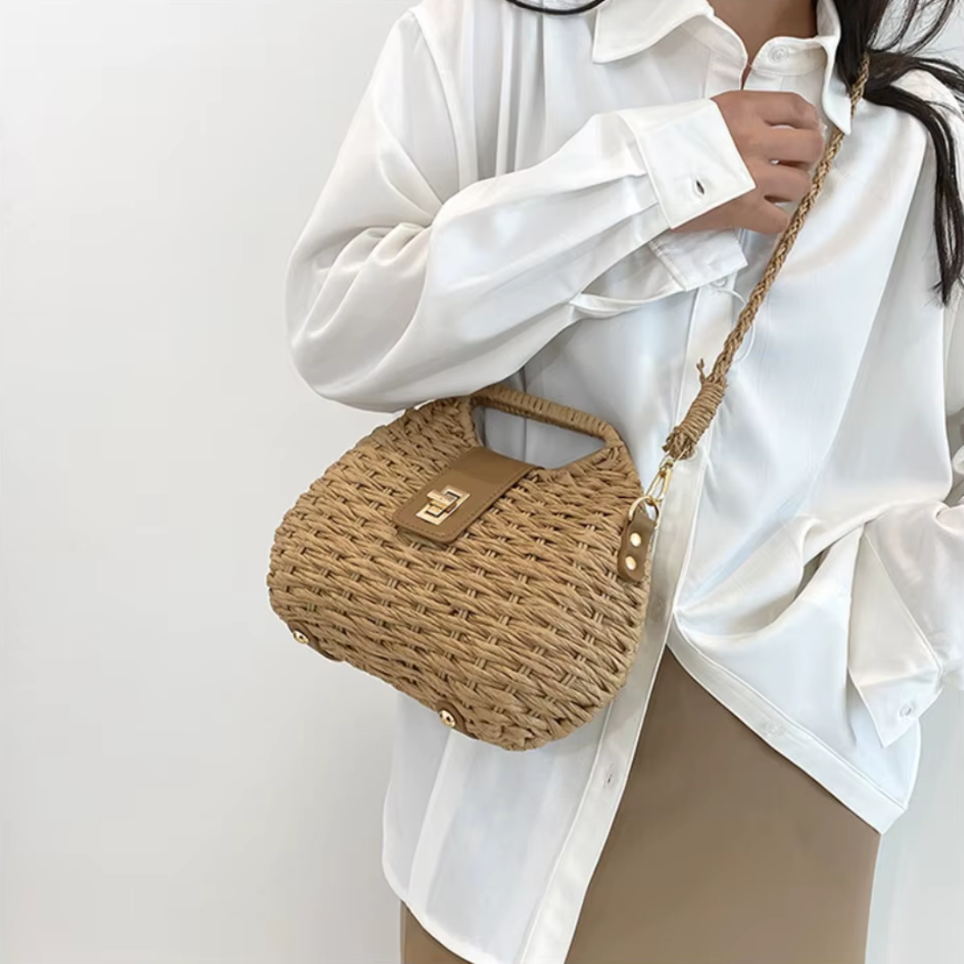 beigefarbene Stroh Schultertasche