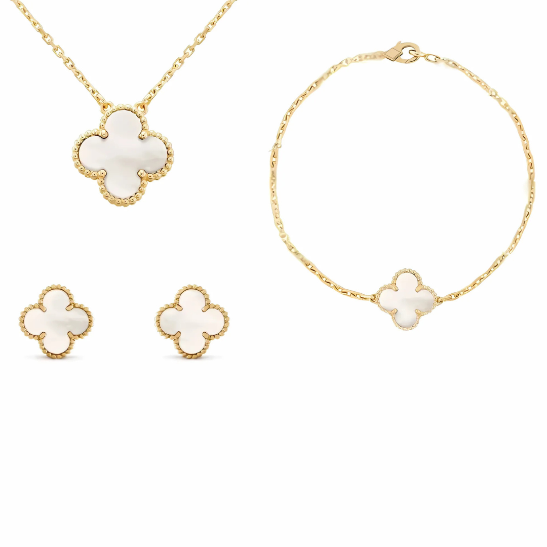 Elegantes Schmuck-Set aus Edelstahl mit weissen Kleeblatt-Anhänger