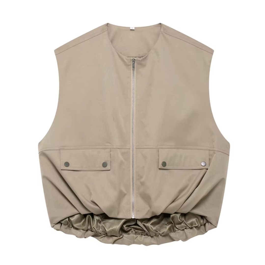 Bequeme Damen-Weste mit Reißverschluss & Zierfalten in khaki