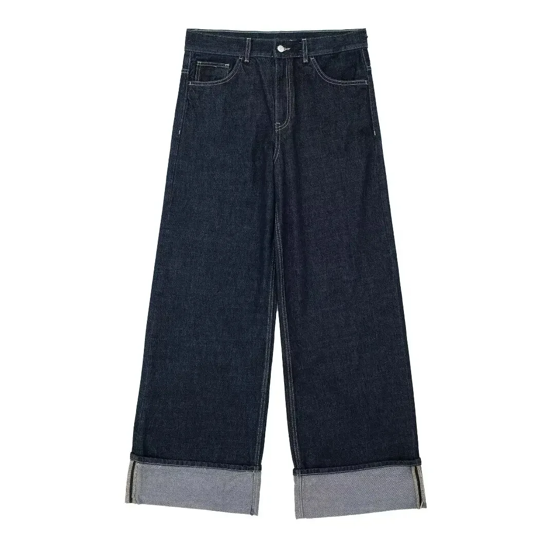 Dunkelblaues Jeans-Set mit High-Waist-Hose aus 100% Baumwolle
