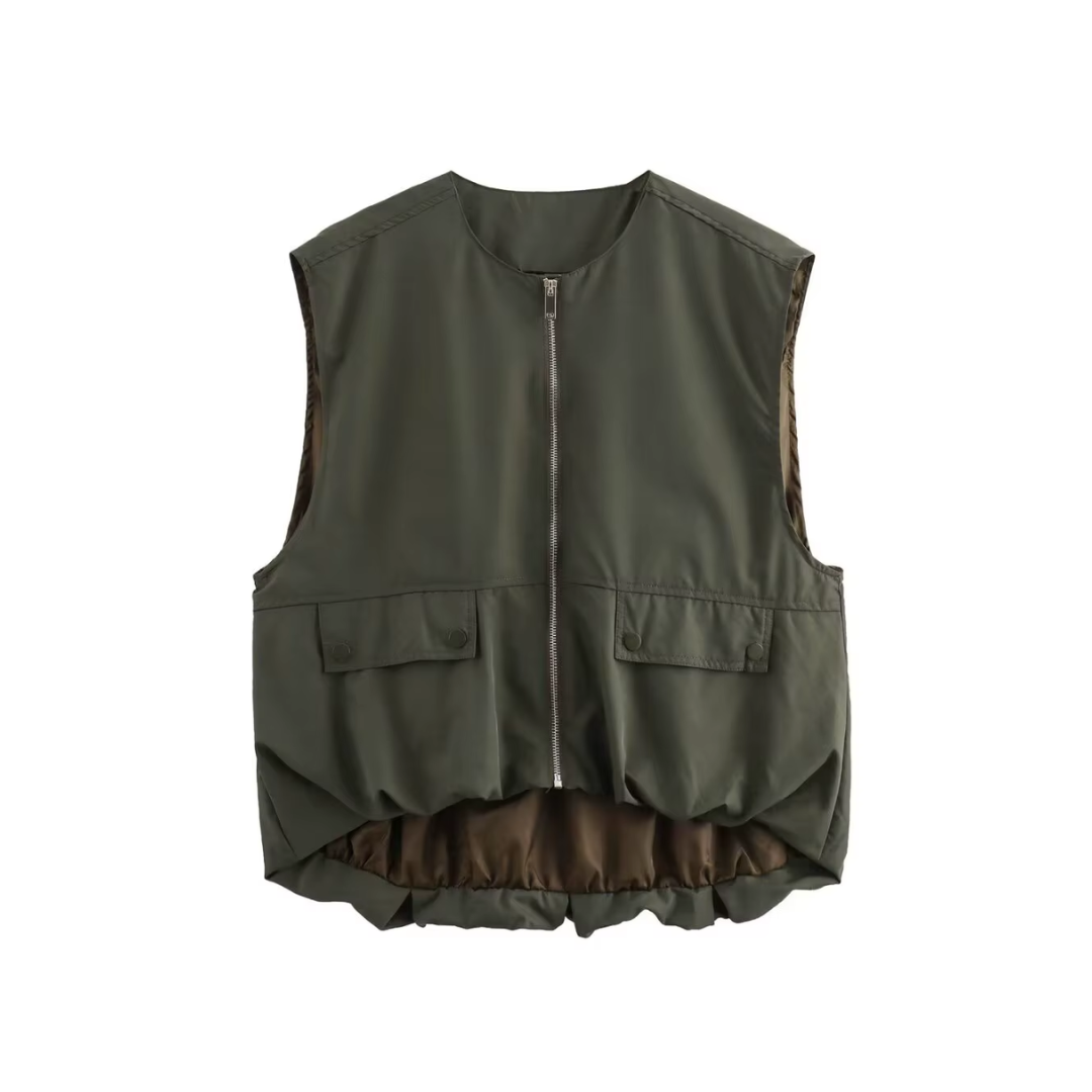 Bequeme Damen-Weste mit Reißverschluss & Zierfalten in khaki gruen