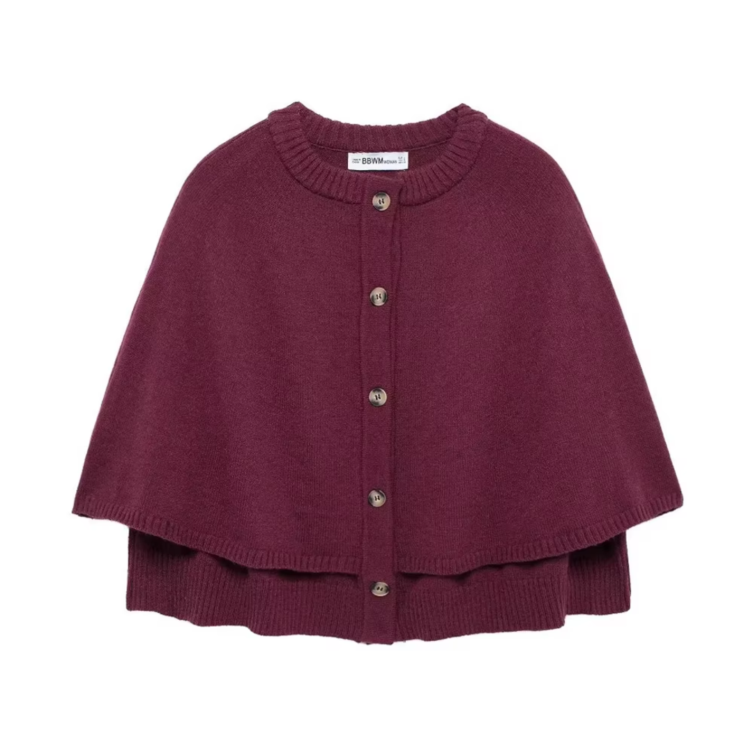 Eleganter Poncho mit einreihiger Knopfleiste für Damen in burgunder