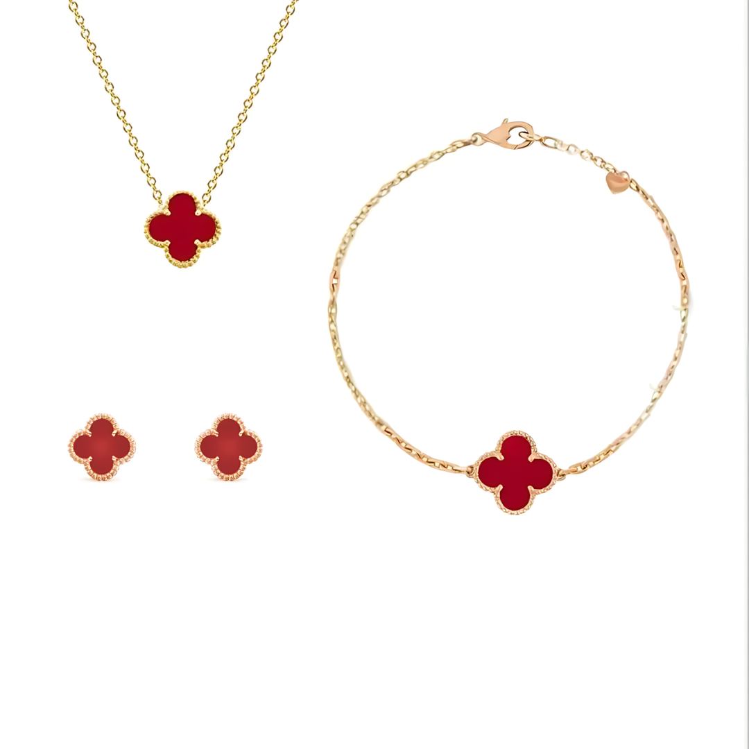 Elegantes Schmuck-Set aus Edelstahl mit rotem Kleeblatt-Anhänger