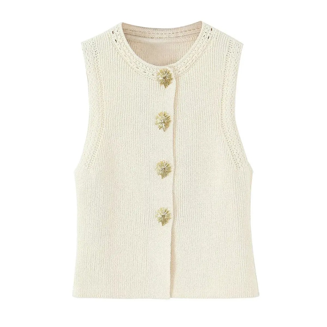 Beiges Strick Tanktop Damen mit goldenen Knöpfen