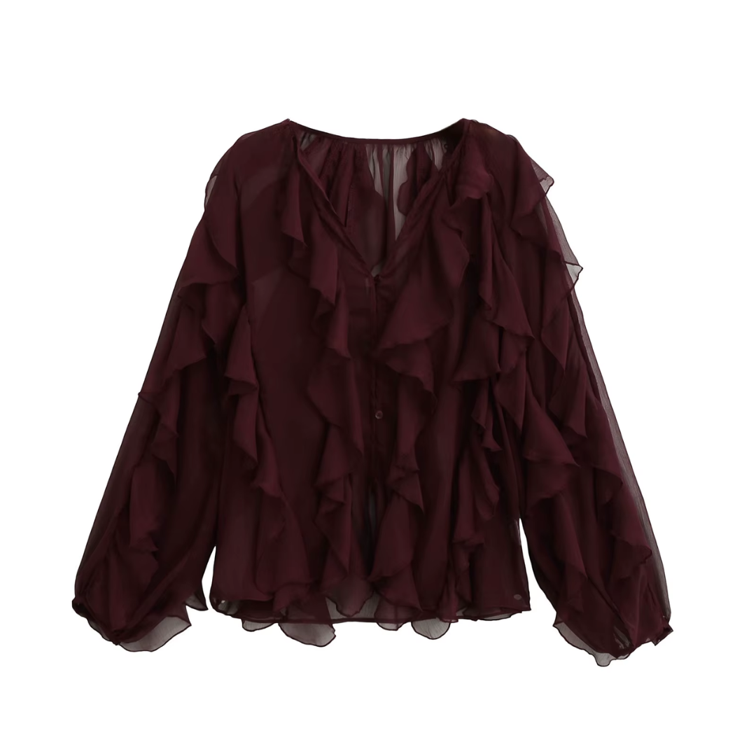 Boho-Chic Damenbluse langarm in burgunder rot