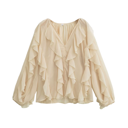 Elegante Rüschen Damenbluse mit V-Ausschnitt