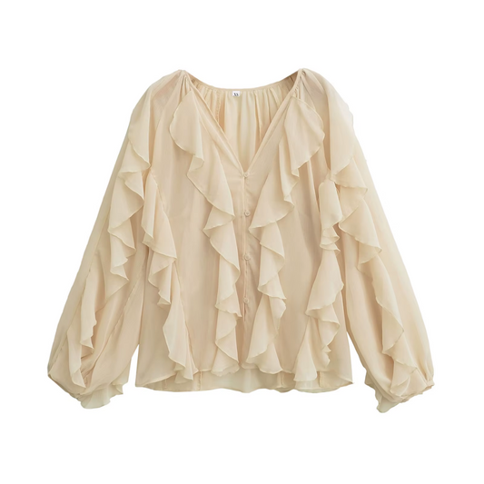 Elegante Rüschen Damenbluse mit V-Ausschnitt