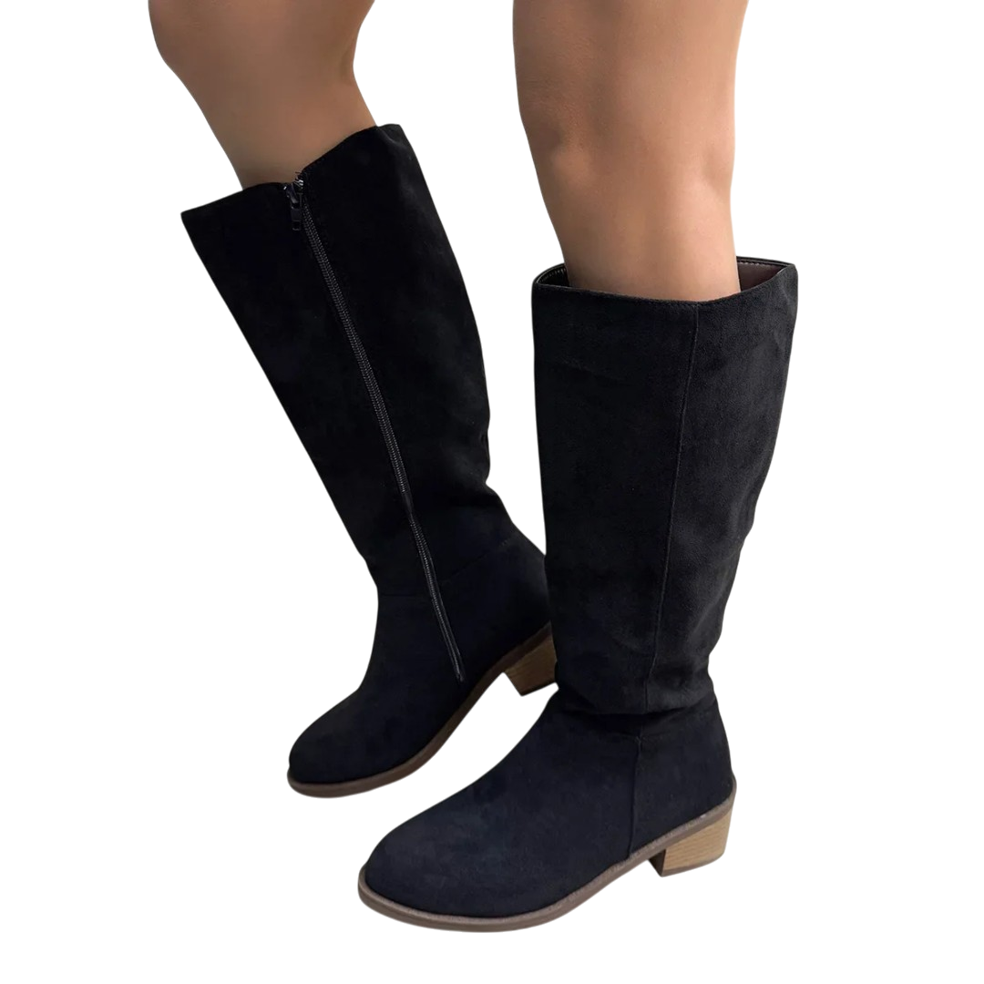 Lange Röhrenstiefel aus Kunstwildleder in schwarz