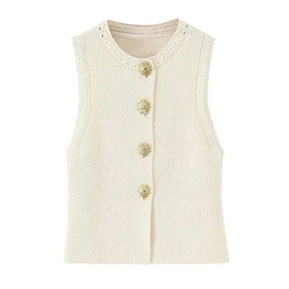 Beiges Strick Tanktop Damen mit goldenen Knöpfen