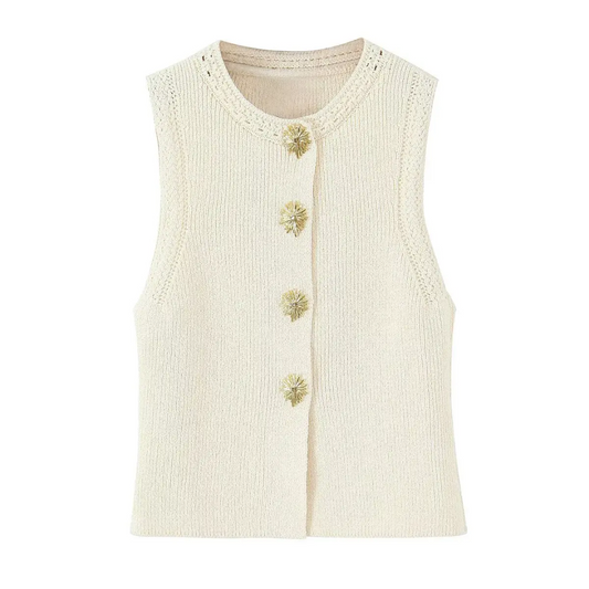 Beiges Strick Tanktop Damen mit goldenen Knöpfen