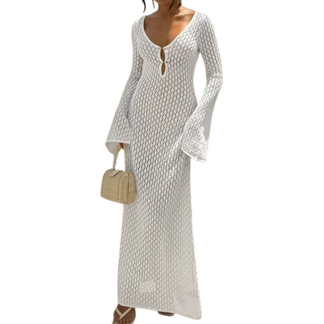Strand Strickkleid mit V-Ausschnitt in weiss