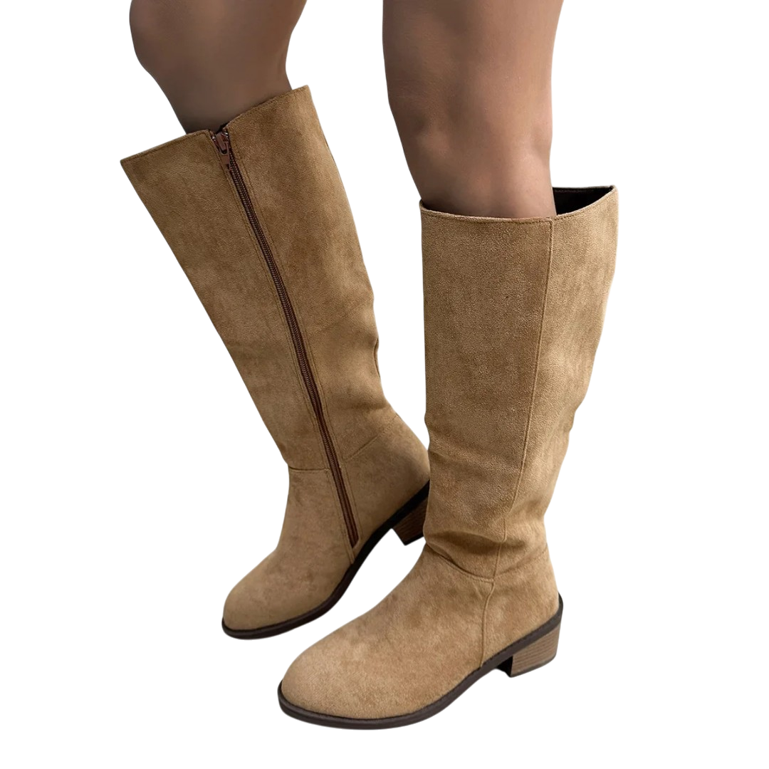 Damen Samtstiefel mit Blockabsatz in beige